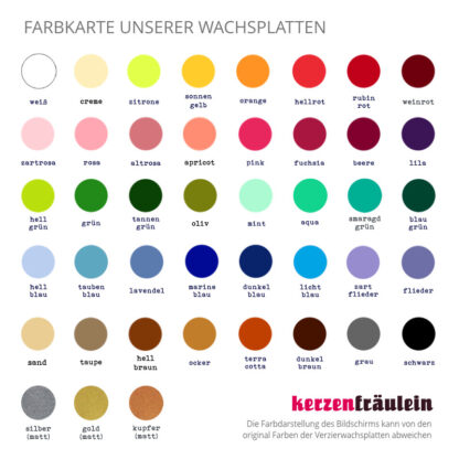 Farbkarte (2020) unserer einfarbigen Verzierwachsplatten - kerzenfräulein