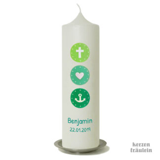 Taufkerze „Glaube Liebe Hoffnung (hellgrün-mint-aqua) - kerzenfräulein