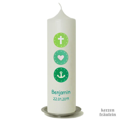 Taufkerze „Glaube Liebe Hoffnung (hellgrün-mint-aqua) - kerzenfräulein