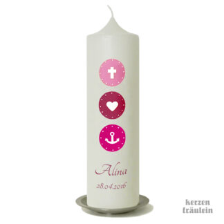 Taufkerze „Glaube Liebe Hoffnung (rosa-beere-pink) - kerzenfräulein
