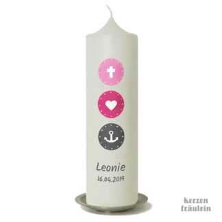 Taufkerze „Glaube Liebe Hoffnung (rosa-pink-grau) - kerzenfräulein