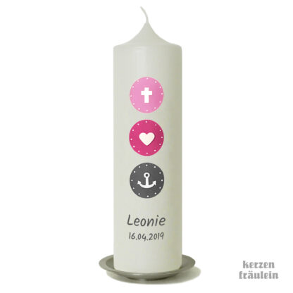 Taufkerze „Glaube Liebe Hoffnung (rosa-pink-grau) - kerzenfräulein