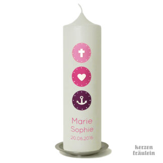 Taufkerze „Glaube Liebe Hoffnung (rosa-pink-lila) - kerzenfräulein