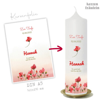 Design Taufkerze "Mohnblumen" auf Kerzengröße 25x7 cm