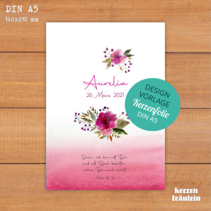 Design-Vorlage Taufkerze "Watercolor Flowers" - Kerzenfolie DIN A5 - kerzenfräulein