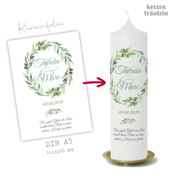 Design Hochzeitskerze "Olivenkranz" auf Kerzengröße 25x7 cm - kerzenfräulein