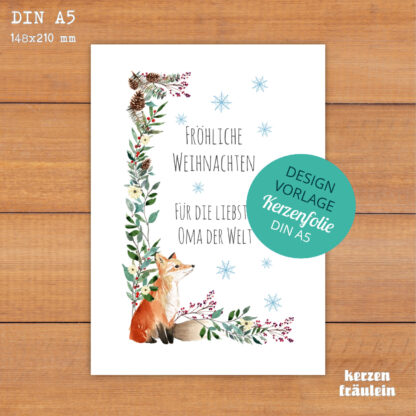 Design-Vorlage Weihnachtskerze "Weihnachtsgruß mit Fuchs" - Kerzenfolie DIN A5 - kerzenfräulein