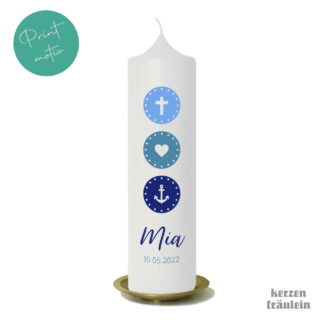 Taufkerze Kommunionkerze Printmotiv "Glaube Liebe Hoffnung (blau)" auf Kerzengröße 25x7 cm - kerzenfräulein