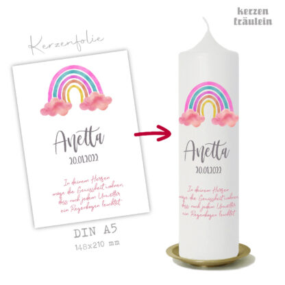 Design-Vorlage Taufkerze "Rainbow (rosa)" auf Kerzengröße 25x7 cm- kerzenfräulein