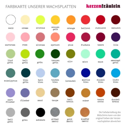 Farbkarte (2024) unserer einfarbigen Verzierwachsplatten - kerzenfräulein