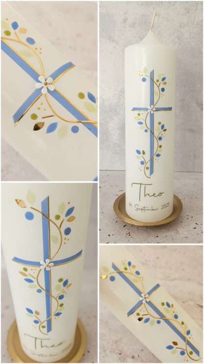 Taufkerze Kommunionkerze "Frühlingserwachen (blau)" auf Kerzengröße 25x7 cm - kerzenfräulein
